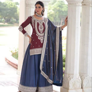 Vêtements ethniques indiens en gros, ensemble de sharara en soie NC avec paillettes et broderie codée - Product Image 1