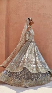Beautiful Bridal Anarkali Lehenga & <b>Dupatta</b> Dress 2024 Embellished with Crystal Glass Beads Dabka Work Made of Silk - Product Image 3