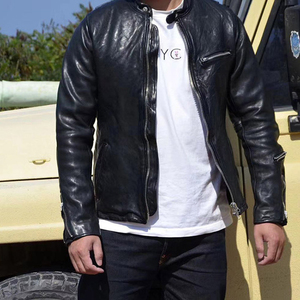 เสื้อแจ็คเก็ตหนังแกะแท้ทรงมอเตอร์ไซค์ ปกตั้ง ล้างแบบ Garment Washed หนังฟอกฝาดจากพืช สำหรับผู้ชาย - Product Image 2