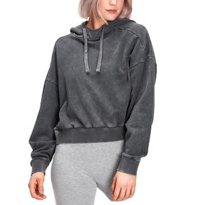 Sudadera con capucha de mujer de cuello alto de algodón 100% de punto OEM, sudaderas con capucha con diseño de lavado ácido corto con logotipo frontal con cremallera y hombros caídos - Product Image 1