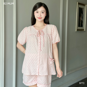 Ensemble de vêtements de maison en lin pour femmes avec imprimé nœud B772 absorbant la transpiration bon prix - Product Image 5