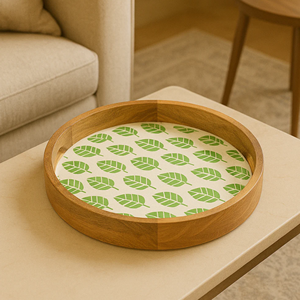 Vente en gros de plateau en bois imprimé de motifs naturels verts plateau rond en bois organisateur présentoir coffret cadeau décoration de table du Vietnam - Product Image 3