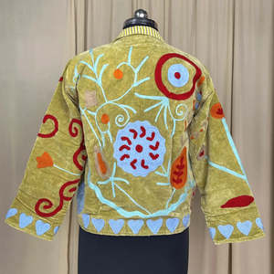 Boho Chic Winter Jacket Green Floral Embroidered Velvet Suzani Open Front Robe <b>Fur</b> Decoration Free Size Retro Style Cozy Wear - Product Image 2