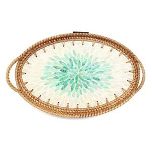 Bandeja de ratán decorativa nórdica sostenible, bandeja de servicio de madreperla de forma ovalada redonda para organización de almacenamiento en el hogar - Product Image 2