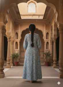 Robe longue à manches longues à imprimé floral bleu clair, en coton, style bohème, robe de détente, robe décontractée d'été pour femmes, style confortable - Product Image 2