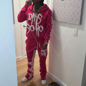2024 personnalisé 3D bouffante impression strass Street Wear à capuche survêtement pleine fermeture éclair à capuche et pantalon de survêtement évasé ensemble - Product Image 2
