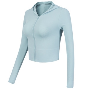 Offre Spéciale vêtements pour femmes à manches longues veste de gymnastique femmes séchage rapide fermeture éclair couleur unie entraînement course à capuche sport Fitness haut - Product Image 6