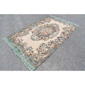 Alfombra turca Vintage de 5,2x8,7 pies, Beige lana verde, estilo Tabriz, respaldo de látex rectangular de retazos para el hogar, sala de estar, cabecera - Product Image 3