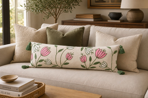 Funda de Almohada Lumbar de Algodón Bordada a Mano con Tulipanes Rosas, Decorativa, Larga, con Borlas, para Sofá - Product Image 1