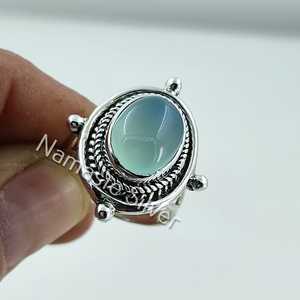 925 Sterling Silver Handmade Chalcedony <b>Ring</b> Boho Style Natural Aqua Chalcedony Oval Gemstone <b>Statement</b> Birthstone Jewelry Gifts - Product Image 4