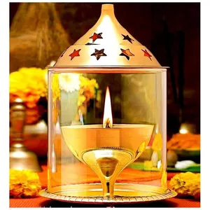 Vintage artigianale in ottone Akhand Jyoti Diya con vetro modellato e piastra 18 cm di forma ovale, lampada a olio Diwali Puja, Temple Home Decor