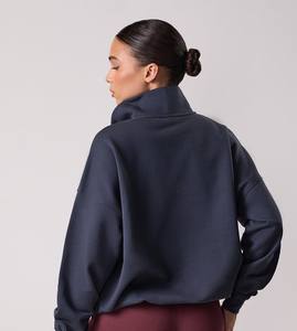 Sweat-shirts d'hiver pour femmes à col rond, style tendance, coupe ample, épaules tombantes, manches longues, couleur unie, fermeture éclair mi-longue - Product Image 3