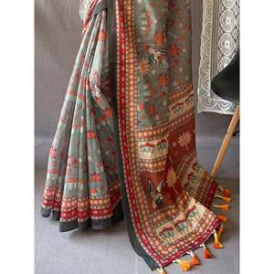 Elegante Sari de Algodón Gris con Estampado Kalamkari y Blusa para Festivales y Fiestas - Product Image 1