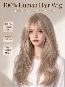 Peluca de Cabello Humano Rubio Ceniza Claro, Larga y con Rizos en Capas, Calidad Premium para Mujeres - Product Image 4