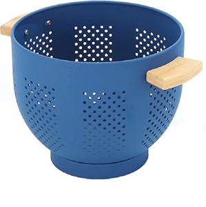 New Arrival Metal <b>Kitchen</b> Colander Powder Coated Blue <b>Kitchen</b> <b>Strainer</b> With Wood Handle for Washing Vegetables Pasta - Product Image 1