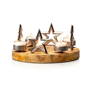 Handcrafted Metal <b>Star</b> Tea <b>Light</b> Candle Holder with Wooden Base, Rustic Home Decor Centerpiece for Christmas Tabletop Decoration - Product Image 1