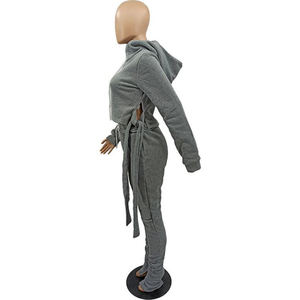 Vente en gros Automne Femmes Épais Manches Longues 2 Pièces Solide Décontracté Transpiration 100% Coton Survêtement Ensembles - Product Image 4