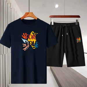 Conjunto de camiseta y pantalones cortos personalizados, transpirables, cómodos, 100% algodón, teñido liso, conjuntos de camiseta y pantalones cortos de 2 piezas para hombre - Product Image 2
