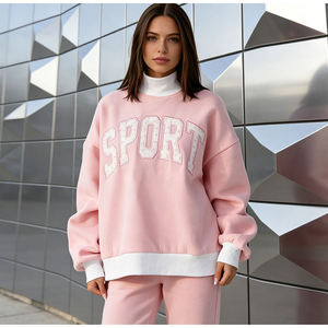 <b>Womens</b> Mock Neck <b>Sweatshirt</b> Slouchy Drop Shoulder <b>White</b> Custom Pink Varsity Graphic Trackstar OEM Private Label - Product Image 1