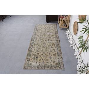 Tapis en laine floral beige vintage de grande surface (2,8x6,5 pieds) fait à la main nouveau design patchwork rectangle pour entrée pour couloir en latex - Product Image 1