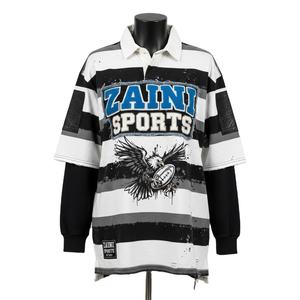 Maillot de rugby pour homme en jersey de coton lourd 240 GSM, design à panneaux rayés noir et blanc, broderie, impression de logo personnalisé, évacuation de l'humidité - Product Image 1