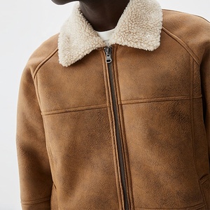 Vestes d'hiver de qualité de luxe pour hommes en cuir PU chaud avec fermeture éclair polaire col rabattu manteaux toile tissu kaki col montant - Product Image 5