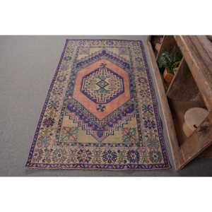 Tapis Vintage Turc Bohème Eco Friendly Medium Pile Violet Orange Patchwork Design Laine Latex 3.6X6.1 ft Forme Rectangulaire - Product Image 1