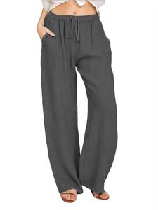 Pantalon à jambes larges pour femmes, décontracté, couleur unie, coton, lin, taille haute, pantalon long et droit pour femmes, pantalon ample à longueur de cheville - Product Image 5