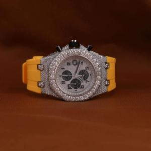 Luxury High Quality Iced Chronograph Glass Sports <b>Watch</b> Full Diamond Bling Yellow Rubber Strap Stainless Steel Mechanical - Product Image 2