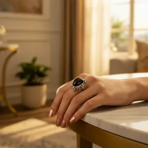 Bague en argent 925 plaqué rhodium fin avec pierre d'onyx noir de 10 mm pour femmes - Product Image 2