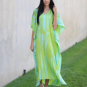 Stylish Long-Sleeve V-neck <b>Kaftan</b> Dress Handmade Tie Dye Tassel Slit Casual <b>Summer</b> Collection Straight Silhouette Eco-Friendly - Product Image 1