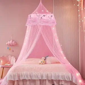 Princess Pink Mosquito Mesh Net for Bed Large Dome Hanging Bed Canopy for Girls with Round Lace for Punch-free Installation