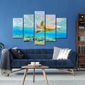 Arte de pared azul océano: Póster impreso en lienzo de tortuga marina nadando, mezcla de 5 piezas: envoltura tipo galería - Product Image 1