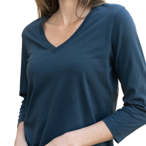 T-shirt pour femme en coton biologique de luxe 100% certifié GOTS, col en V, manches 3/4, bleu marine, pré-rétréci, respirant, classique - Product Image 6