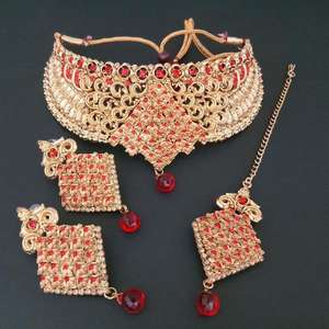 Kriaa FBD0010B Copper Necklace <b>Set</b> with Maang Tikka 24K Gold Plated for <b>Bridal</b> or Fine <b>Jewelry</b> Includes Earrings - Product Image 1