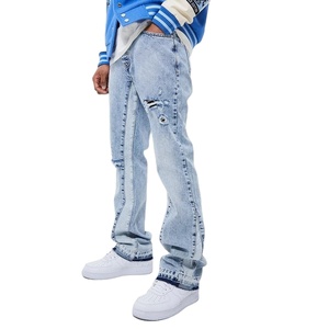 Jeans en denim slim pour homme, streetwear, finition délavée printemps, léger, confortable, couleur unie, poches, vente en gros, personnalisable, extérieur - Product Image 1