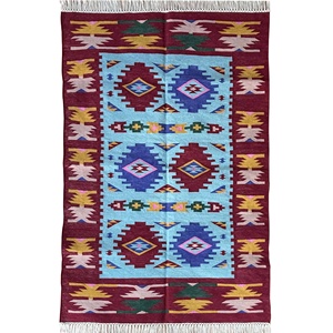 Tapis à tissage plat géométrique personnalisé fait à la main par des artisans indiens qualifiés bleu et rouge tapis et ensembles en coton teints en légumes - Product Image 2