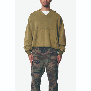 เสื้อฮู้ดดี้ผู้ชายทรงบ็อกซี่ คอวี แขนยาว ทรงหลวม ผ้าคอตตอนสโตนวอช แต่งขาดๆ พร้อมกระเป๋าจิงโจ้ - Product Image 4