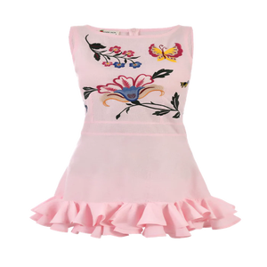 Robe mini rose sans manches brodée de fleurs avec ourlet à volants, style décontracté en mousseline de soie pour adultes - Product Image 1