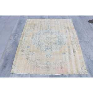 พรมตุรกีวินเทจ ขนาด 4.2x5 ฟุต สีเบจ ลายพิมพ์นามธรรม ทำจากขนสัตว์ - Product Image 1