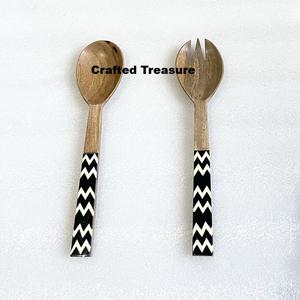 Ensemble de service à salade en bois d'acacia avec impression émaillée Vaisselle de table de restaurant élégante pour la décoration d'ustensiles de cuisine Mariages Événement - Product Image 1