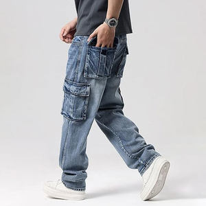 Salopette en jean unie pour homme, coupe droite ample, style rétro, multi-poches, lavable, tissu jean coloré foncé, pour l'été et le printemps - Product Image 3