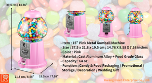 Kwang Hsieh 15" Pink Candy Vending Retro Gumball Machine English Coin Operated Double <b>Bubble</b> Aluminum Alloy Home/ Use Bulk Whole - Product Image 6