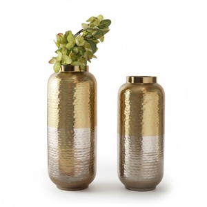 Modern Gold And Silver Metal Flower <b>Vase</b> Set Of 2 Dual <b>Textured</b> Hammered Aluminium Iron Home Decor Table <b>Vases</b> For Living Room - Product Image 1