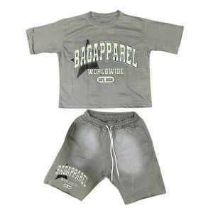 Conjuntos informales para hombre, camiseta sin mangas de punto de dos piezas con borde crudo y pantalones cortos de sudor lavados con ácido, conjuntos de pantalones cortos personalizados - Product Image 3