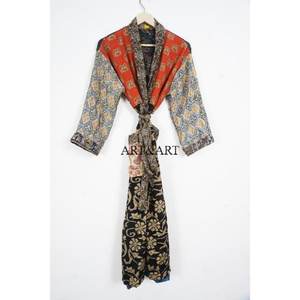 Designer Elegant Floral Print Vintage Silk Sari Kimono Robe Soft Casual Summer Intimates Beach Nightgown Floor-Length - Product Image 1