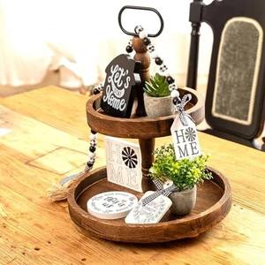 Support de service en bois rustique à 2 niveaux avec poignée, parfait pour les fruits, les collations, les desserts, plateau de présentation robuste pour la décoration des fêtes à domicile - Product Image 3