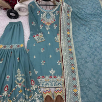 Nuevo Conjunto de Diseñador para Bodas y Fiestas Diwali: Top, Pantalón Palazzo y Dupatta con Bordado Pesado, Reversible, Antiarrugas y de Secado Rápido (Fox)