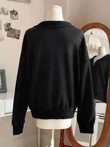 Sweat-shirt à capuche en tricot jacquard délavé à l'acide pour femmes noires, en molleton de coton, respirant, anti-froissement, streetwear d'automne - Product Image 6
