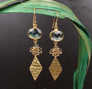 Boucles d'oreilles en pierres précieuses naturelles, laiton plaqué or, polies, modernes, écologiques, artisanat, cadeau de mariage, accessoire de fête - Product Image 2